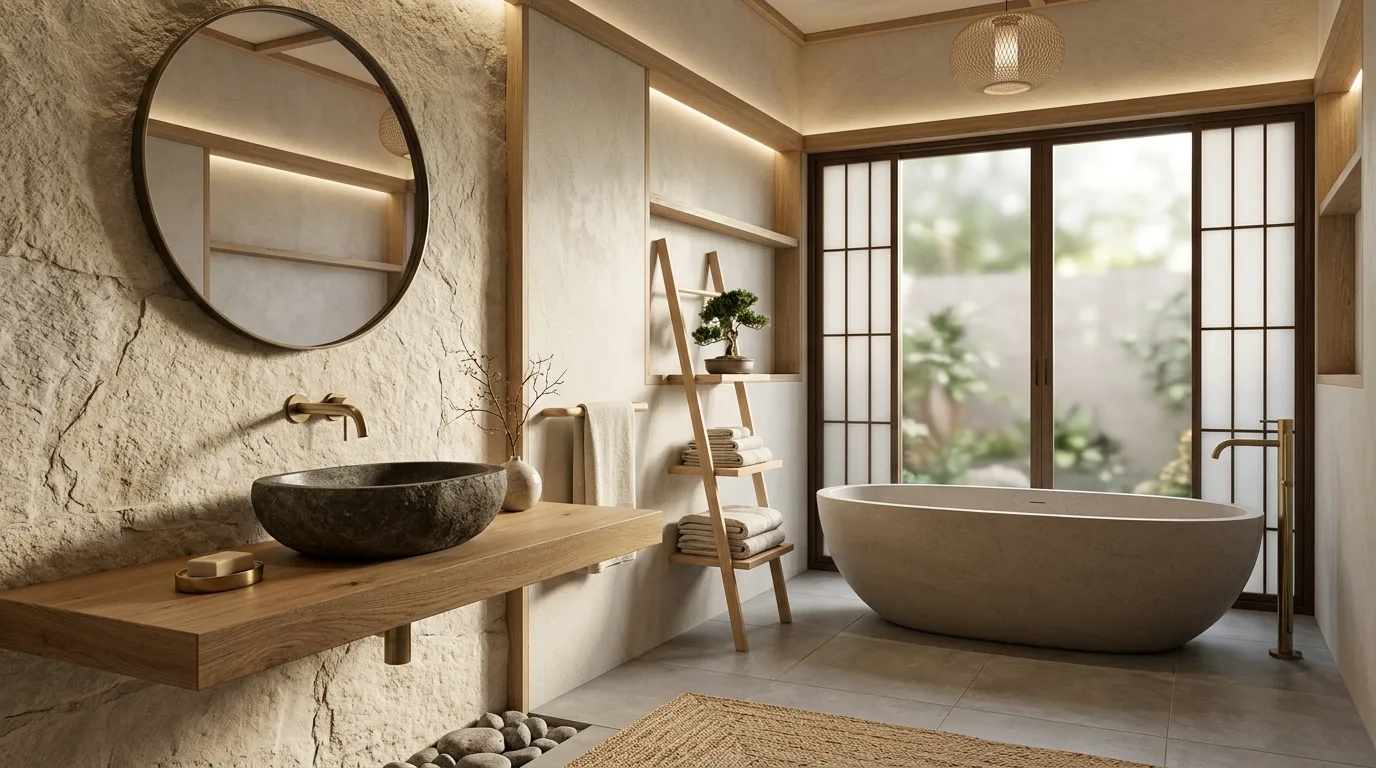 Use plants as quiet living accents inspiration for a Japandi home interior.